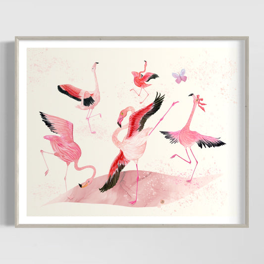 Five dancing flamingo birds - kids illustration